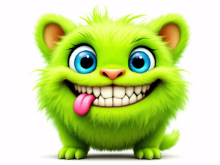 Fototapeta premium Cute green furry monster with big eyes and a wide, toothy smile, exuding a playful, cartoonish charm.