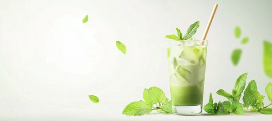 Refreshing Iced Matcha Tea with Mint Leaves and Bamboo Straw on Bright Background for Branding