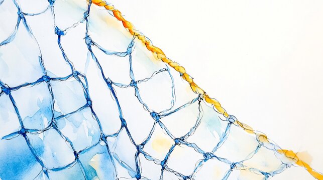 Abstract Watercolor Painting of a Blue Fishing Net with Yellow Rope