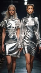 The models showcases a metallic outfits on the runway, embodying the latest futuristic fashion trends. A Woman Collection in trendy grey shiny shades