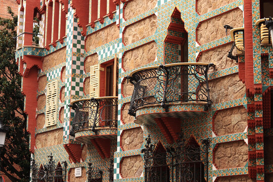 Barcelona, Spain - September 19, 2024: Facade of Casa Vicens, the first masterpiece of Antoni Gaudi, built between 1883 and 1885. Exterior of the modernist house Casa Vicens, Catalonia. Details