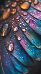 Iridescent Feather Macro: Water Droplets, Jewel Tones, Avian Wing