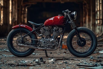 Vintage red motorcycle in abandoned industrial setting