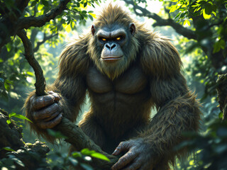 Fototapeta premium Misty forest with legendary Bigfoot