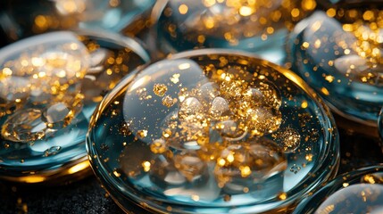 Close-up view of translucent glass buttons with embedded gold flecks design