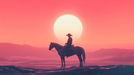 Cowboy on a white horse enjoying the serene twilight scenery as mountain and fields reflect the soft pastel tone of the sunset
