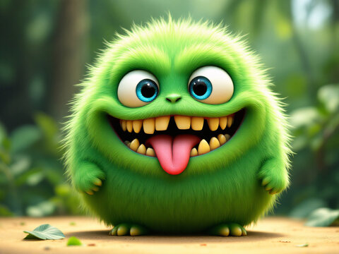 Cute green furry monster with big eyes and a wide, toothy smile, exuding a playful, cartoonish charm.