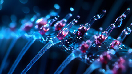 Naklejka premium Cyberpunk Microchip: Nanite Network, Blue Glow, High-Tech