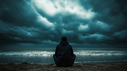 Solitude, Ocean, Stormy Sky, Man, Beach