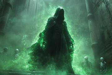 sinister drow necromancer stands amid swirling green mists surrounded by skeletons in a dark cathedral