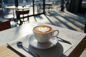 Sunlit café table adorned with a latte sporting a perfect heart in its foam, offering a moment of warmth and tranquility.