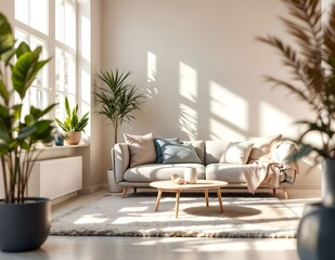 Fototapeta premium Modern Living Room: Cozy Elegance with a Touch of Nature