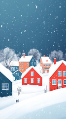 Fototapeta premium Winter Village Scene, Snow Covered Houses, Colorful, Modern, Festive
