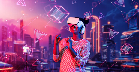 African girl wearing VR glasses and casual cloth while standing at futuristic city. Attractive gamer playing game while using augmented reality technology accessing in metaverse. AI concept Ingenuity.
