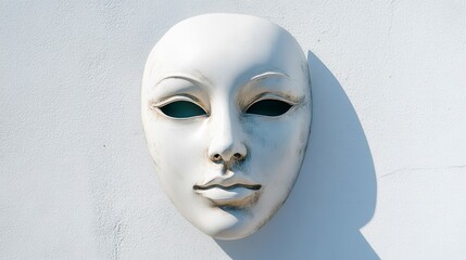 Elegant White Decorative Mask Against White Wall Showcasing Artistic Expression and Minimalist Design for Creative Projects and Inspirational Themes