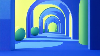 Vibrant Abstract Architectural Scene with Arched Pathways, Colorful Geometric Shapes, and Minimalist Design Featuring Blue and Green Tones
