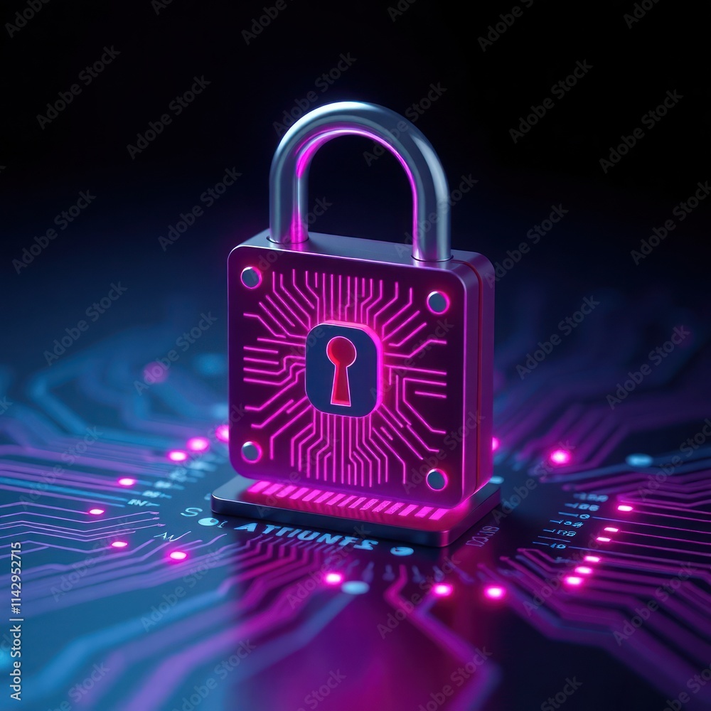 Poster digital padlock on circuit board. secure tech concept. cyber protection. modern encryption system. s
