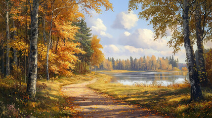 Fototapeta premium Oil Painting Russian Landscape Lake Trees