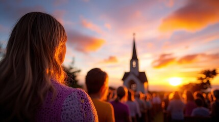 A peaceful gathering of people at sunset outside a charming church, framed by a colorful sky and silhouetted by the setting sun, creating a serene atmosphere of reflection.