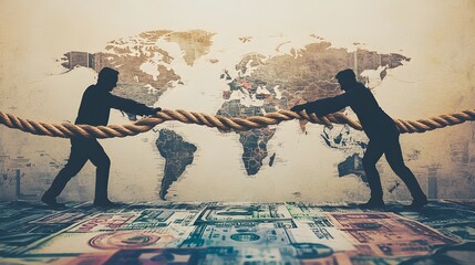 Global economic tug of war depicted with rope and a world map backdrop