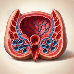 Anatomical of the rectum and anus showing internal and external hemorrhoids. depict the swollen veins inside rectal canal (internal hemorrhoids) and outside anal opening (external hemorrhoids).