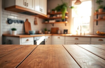 Wooden table top in bright, cozy kitchen. Sunlight streams through window. Kitchen out-of-focus but shows light white cabinets, warm-toned wood countertop. Plants, details visible in background.