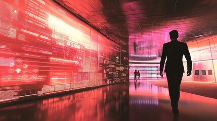 Man walking through futuristic corridor with red glowing data screens.