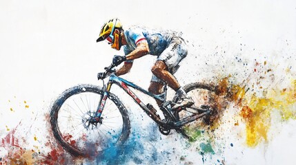 A Mountain Biker in Motion: Colorful Splashes of Downhill Excitement