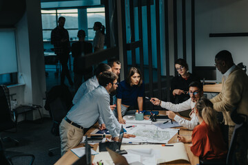 Business colleagues engage in brainstorming around a table. Multigenerational employees collaborate on a project, highlighting teamwork, innovative thinking, and creativity in a modern office.