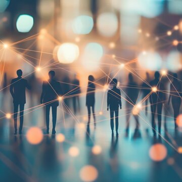 Silhouetted figures interconnected by glowing lines, representing networking and connection in a city at night.