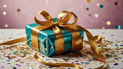 A beautifully wrapped gift with a shiny gold ribbon, surrounded by colorful confetti and streamers.