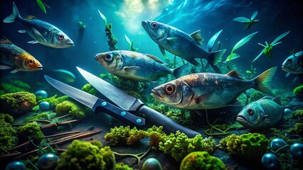 Naklejka premium Surreal Dead Fish Knives Photography: Eerie Underwater Still Life, Macabre Art, Giallo Aesthetic