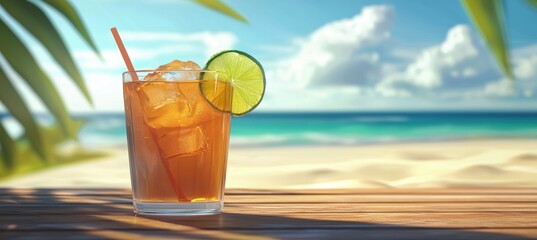 Refreshing Iced Tea on a Sunny Beach with Ocean View for Summer Vacations