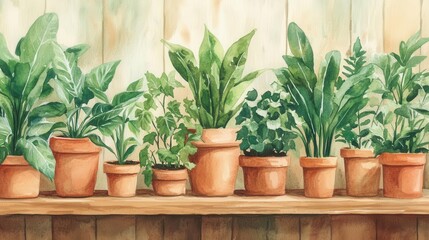 Fototapeta premium watercolor illustration of verdant indoor plants on a wooden shelf, lush foliage, terracotta pots, botanical diversity, soothing greens, ideal for home decor inspiration