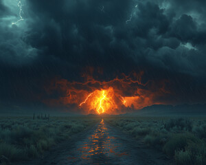apocalyptic thunderstorm scene with a fiery glow from the horizon illuminating storm clouds and rain
