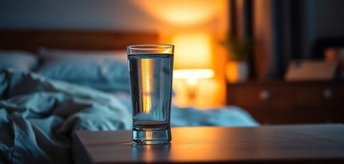 Glass of water sits on bedside table. Warm lamp light creates cozy atmosphere in bedroom. Nighttime setting. Soft focus background. Peaceful, calm scene. Ideal for relaxation, rest. Home comfort,