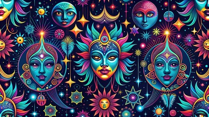 Surreal Faces Night Seamless Pattern: Abstract Line Art Illustration Design
