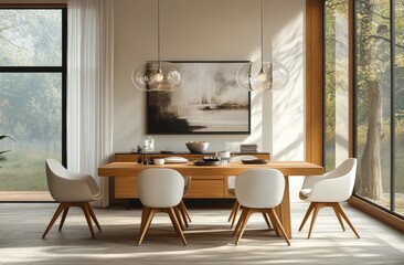Modern dining room with large windows and stylish decor during daylight hours