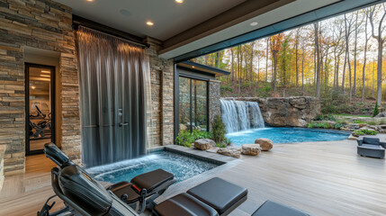 Fototapeta premium Luxury Home Gym with Waterfall and Pool