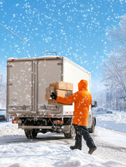 Naklejka premium Winter Delivery Driver Loading Packages on Snowy Street - A delivery driver in a bright orange jacket braves a snowy street to load packages onto a truck. The scene symbolizes hard work, dedication, 