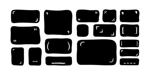 Doodle text box. Hand drawn bubble shapes and frames for social media. Text shape, organic child free form. Abstract black square speech blobs for dialog. Simple set for bullet journal with