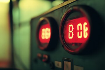 Fototapeta premium An industrial control panel with glowing red LED displays, exuding a sense of precision and technology.
