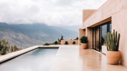 Fototapeta premium Modern minimalistic villa overlooking mountains, featuring a tranquil pool and elegant landscaping with cacti, ideal for relaxation and contemporary design inspiration.