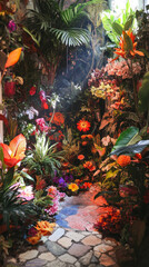 Vibrant Tropical Garden Corner: Lush Plants, Stone Path, Diffused Light