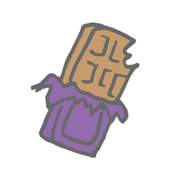 Illustration of chocolate in pastel delicate colours in purple packaging. Icon for packaging, background, postcards