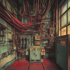Naklejka premium Old plant's industrial equipment and cables