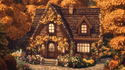 Cozy Cottage, Autumn Leaves, Warm Earthy Tones, Serene Ambiance, 3D Rendering