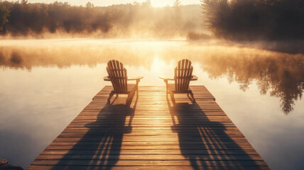 Naklejka premium Generative AI Cottage life - Sunrise on two empty Adirondack chairs sitting on a dock on a lake in Muskoka, Ontario Canada. The sun rays create long shadows on the wooden pier
