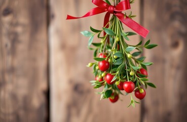 Festive mistletoe bunch hangs from wooden background. Red ribbon tied around bunch of vibrant green...