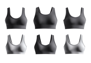 six different views of a black and gray sports bra
